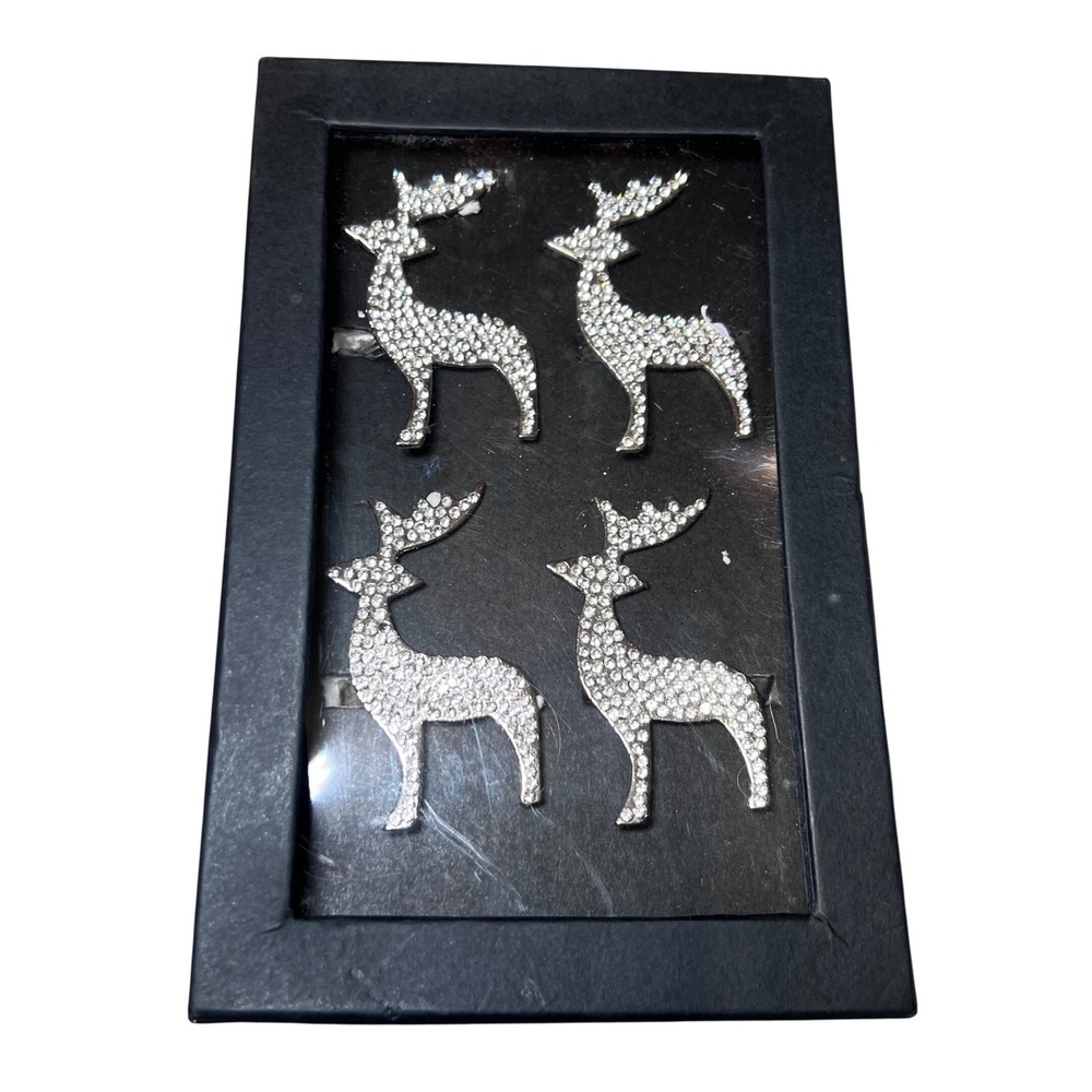Rachel Zoe Set of 4 Rhinestone Reindeer Napkin Rings Silver Metal Holiday Decor‎